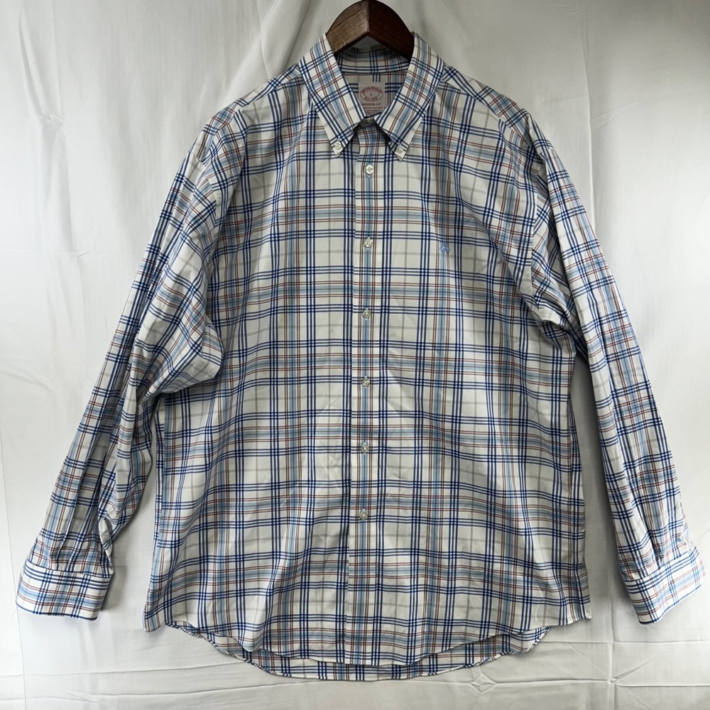 Brooks Brothers Button Down Shirt Mens L White Blue Plaid Madison Fit Stretch